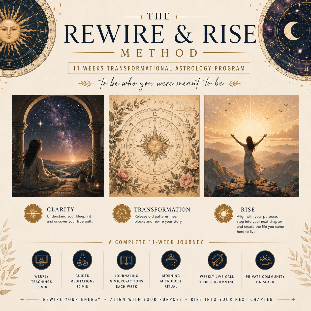 Promotional graphic for 'The Rewire & Rise Method', a 11-week transformational astrology program. The design features a warm cream background with dark navy text, celestial illustrations (sun and moon faces in the corners), and three central art panels depicting a woman looking at a starry sky, an intricate astrological wheel, and a woman standing in a mountain landscape at sunrise